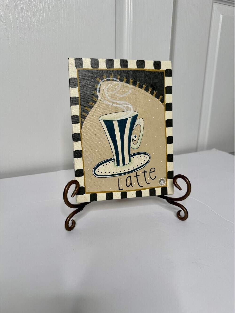 Coffee Latte Wall/Tabletop Decor Plaque with Metal Easel Stand Café Kitchen Art